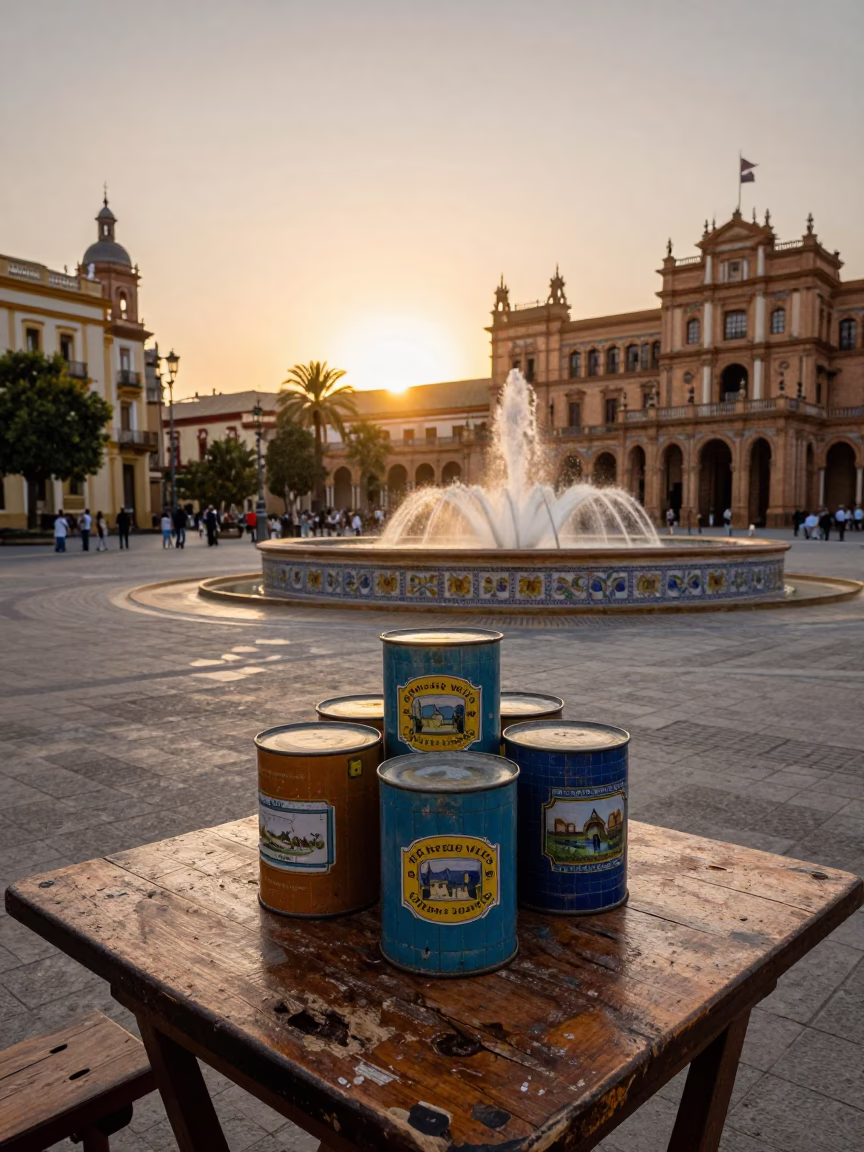Valencia Spain Evening Street Scene with Vintage Canister Set and Local Life in in Valencia, Spain