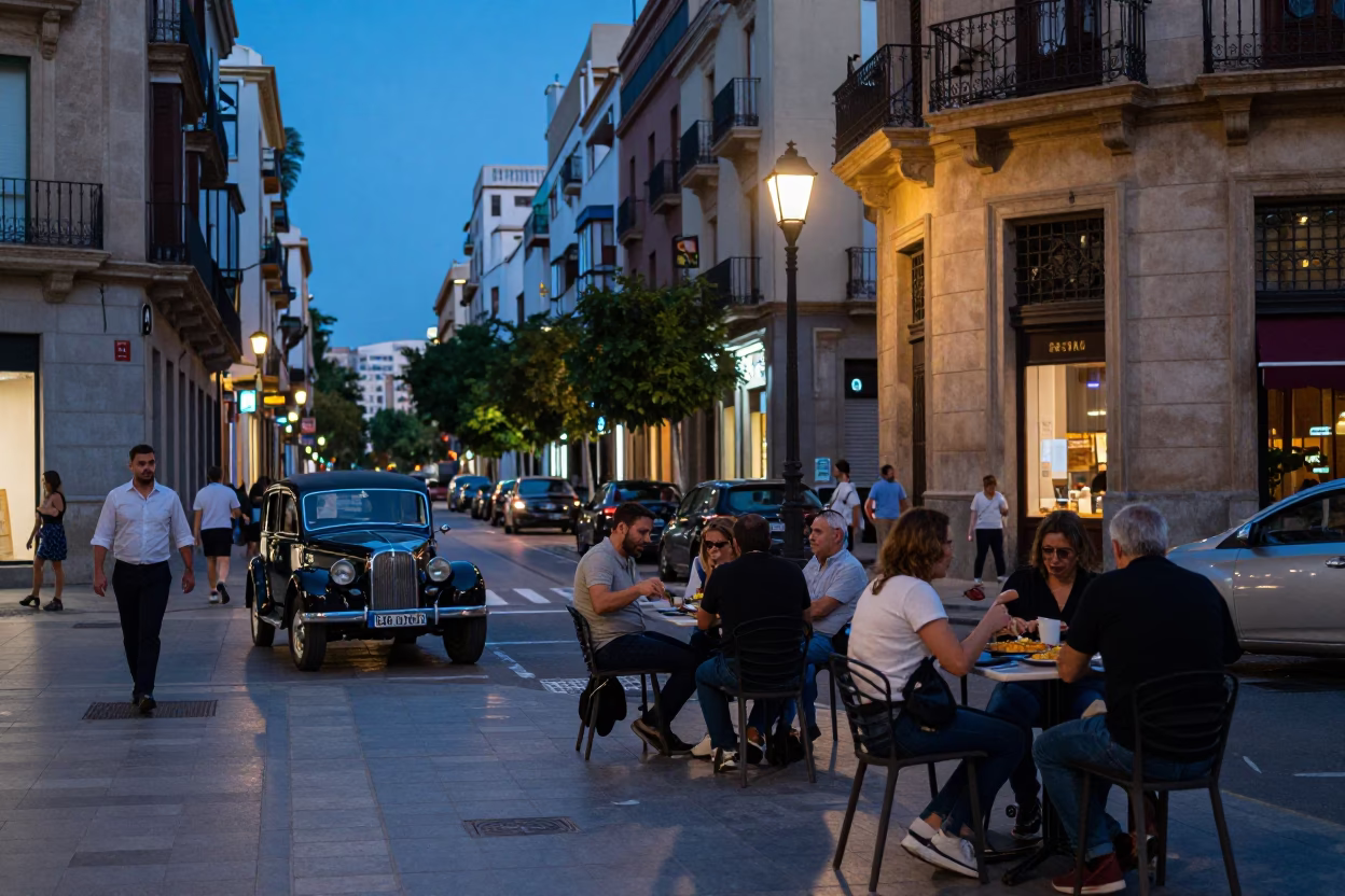 Valencia Spain Evening Street Scene with Vintage Car and Urban Infrastructure in in Valencia, Spain