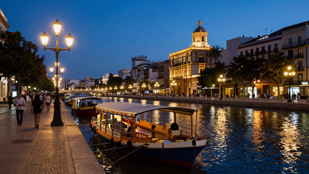 Valencia Spain Evening Street Scene with Water Taxi and Lanterns at Dusk in in Valencia, Spain
