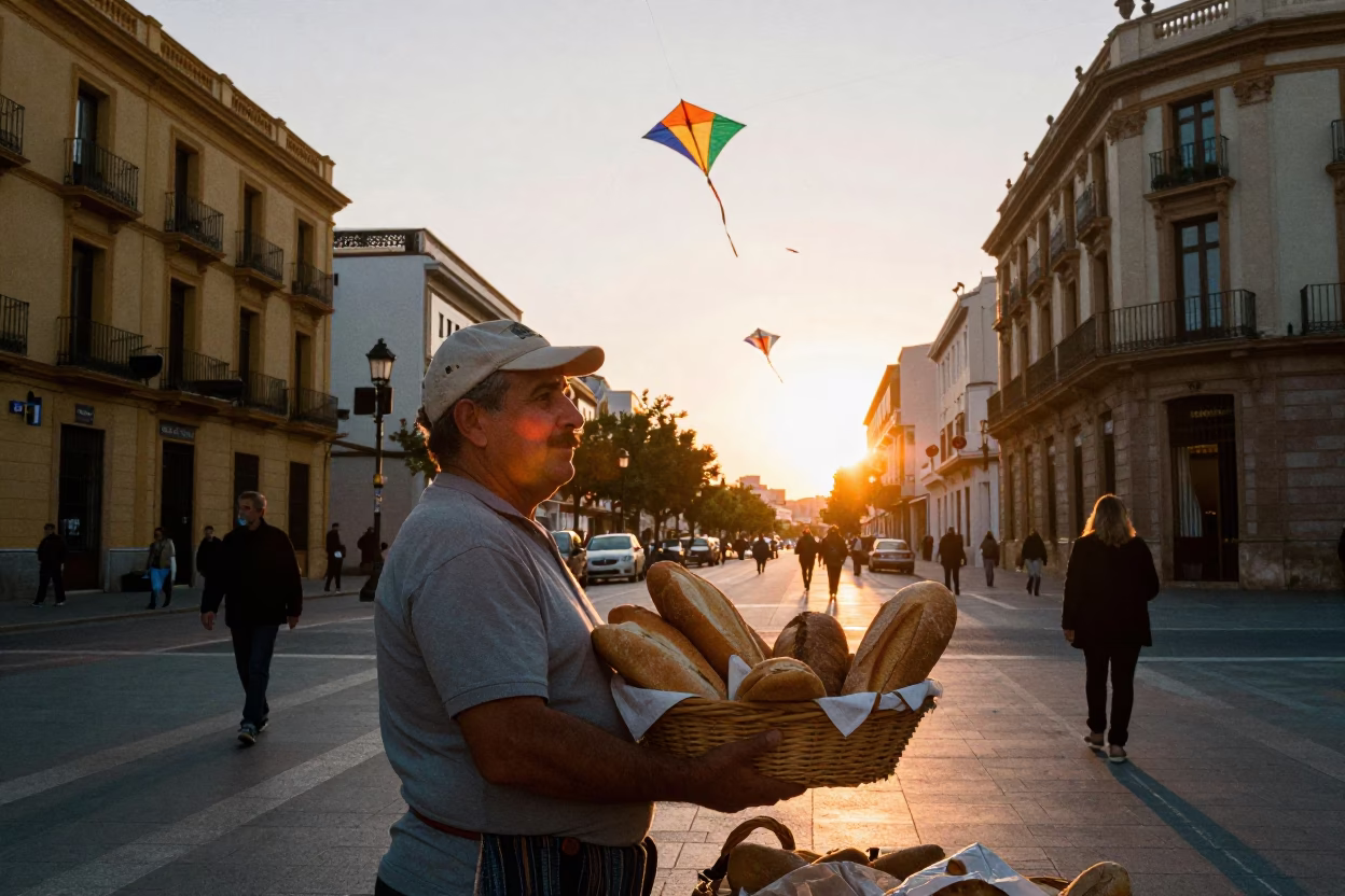 Valencia Spain Golden Hour Street Scene with Bread and Kites in in Valencia, Spain