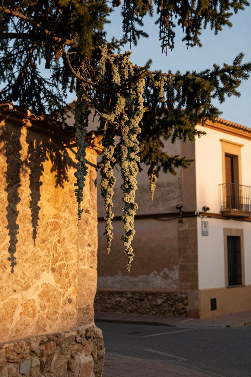 Valencia Spain Golden Hour Street Scene with Old Man's Beard Lichen and Traditional Architecture in in Valencia, Spain