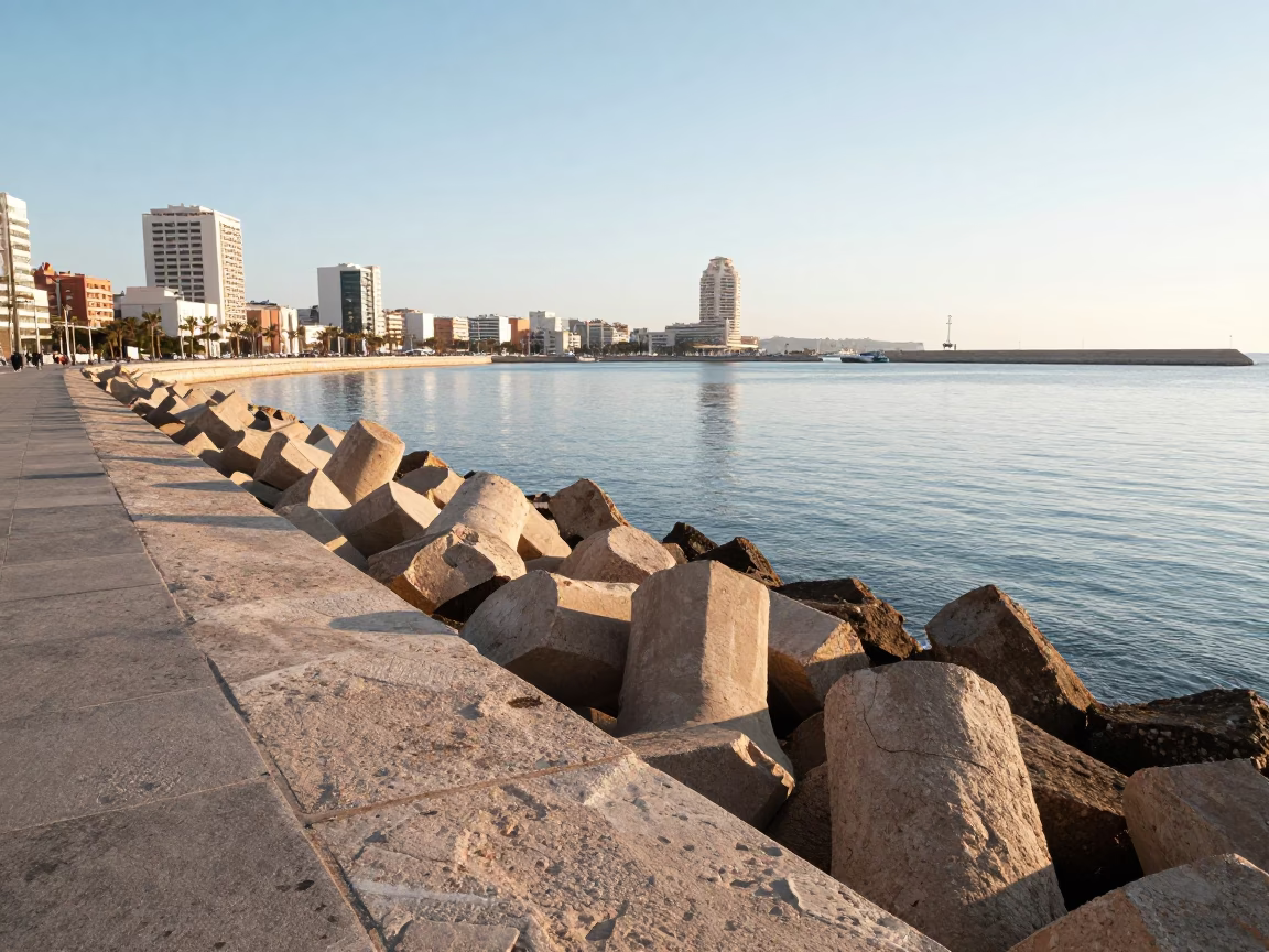 Valencia Spain Harbor Late Afternoon Light Breakwater and Cityscape View in in Valencia, Spain