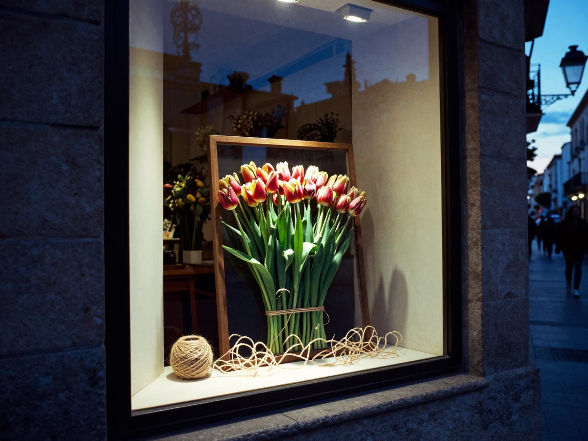 Valencia Spain Indigo Twilight Florist Shop Bruised Tulips and Twine in in Valencia, Spain