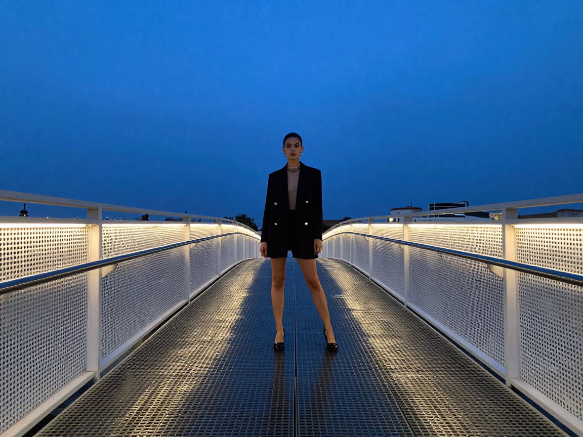 Valencia Spain indigo twilight high fashion pedestrian overpass perforated metal wet footsteps in in Valencia, Spain
