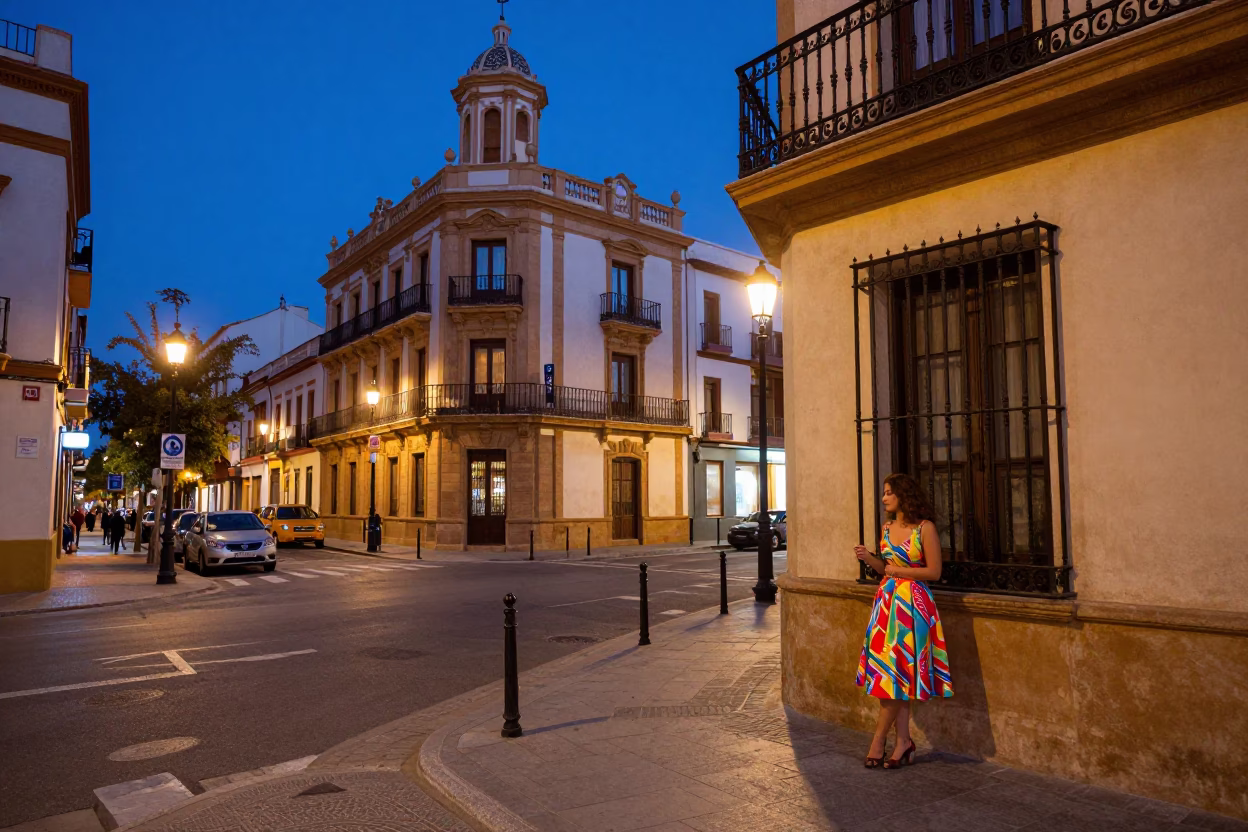 Valencia Spain Indigo Twilight Street Scene with Glass Tumbler and Local Architecture in in Valencia, Spain