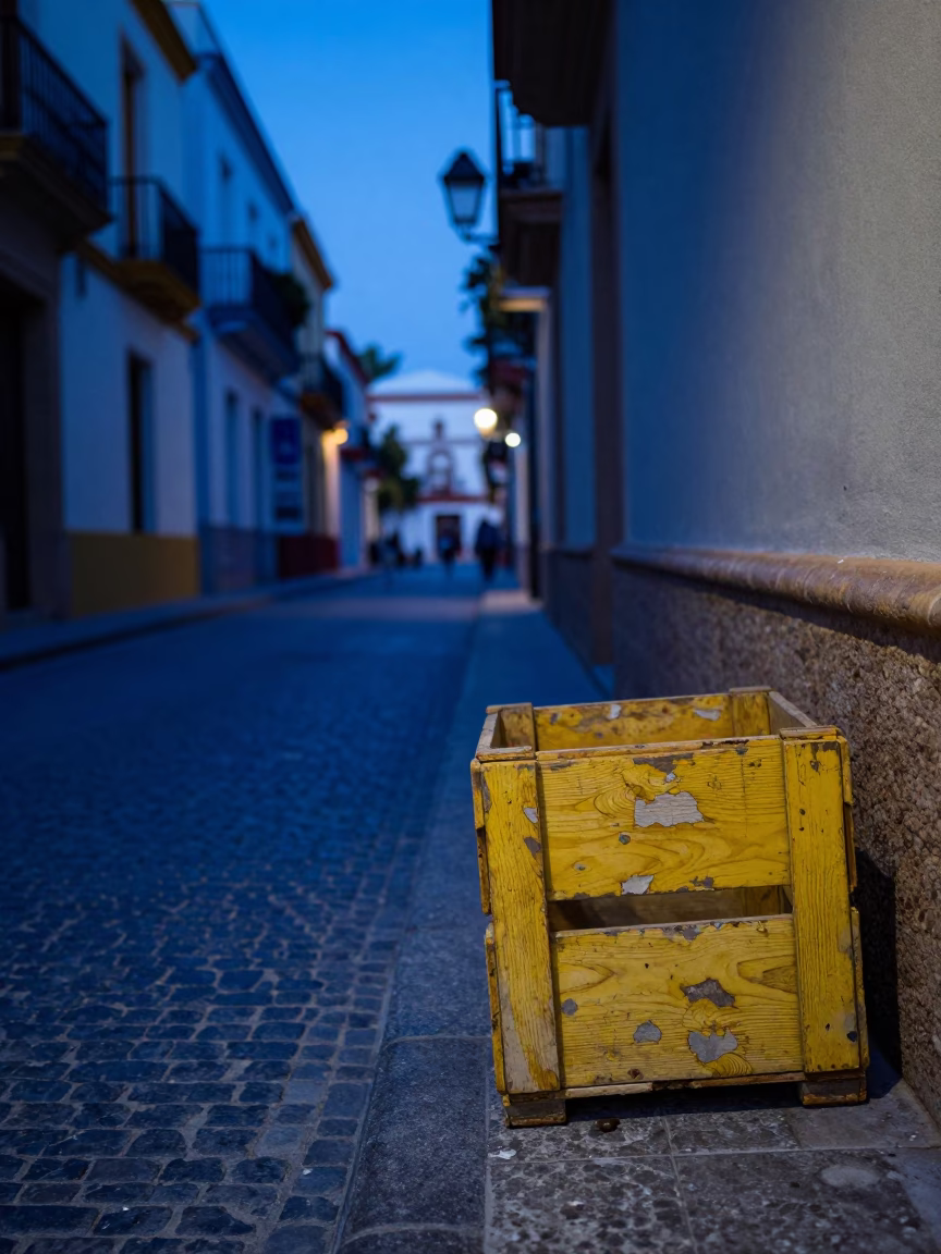 Valencia Spain Indigo Twilight Street Scene with Painted Crate and Straw Hat in in Valencia, Spain
