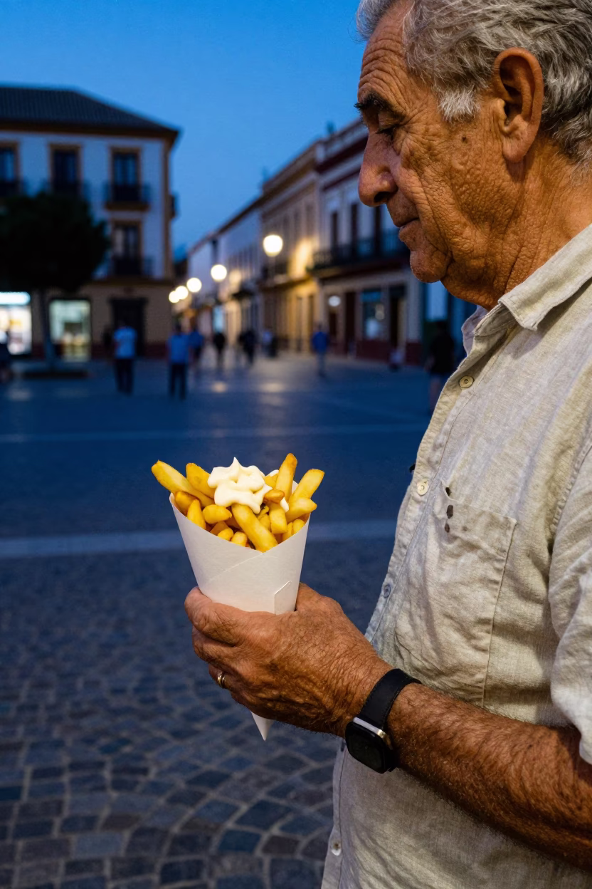 Valencia Spain indigo twilight street scene with paper cone of Belgian frites and mayonnaise in in Valencia, Spain
