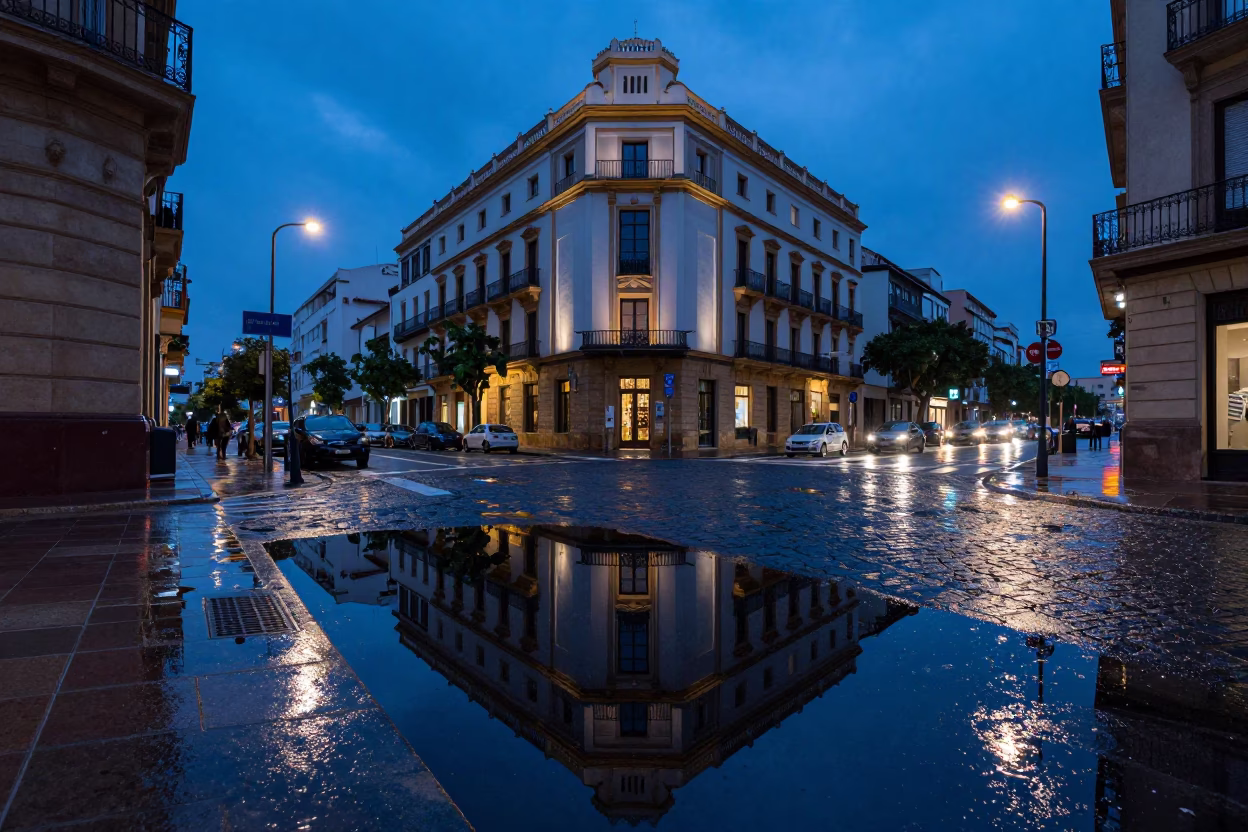 Valencia Spain indigo twilight street scene with puddle reflecting hotel windows and tail lights in in Valencia, Spain