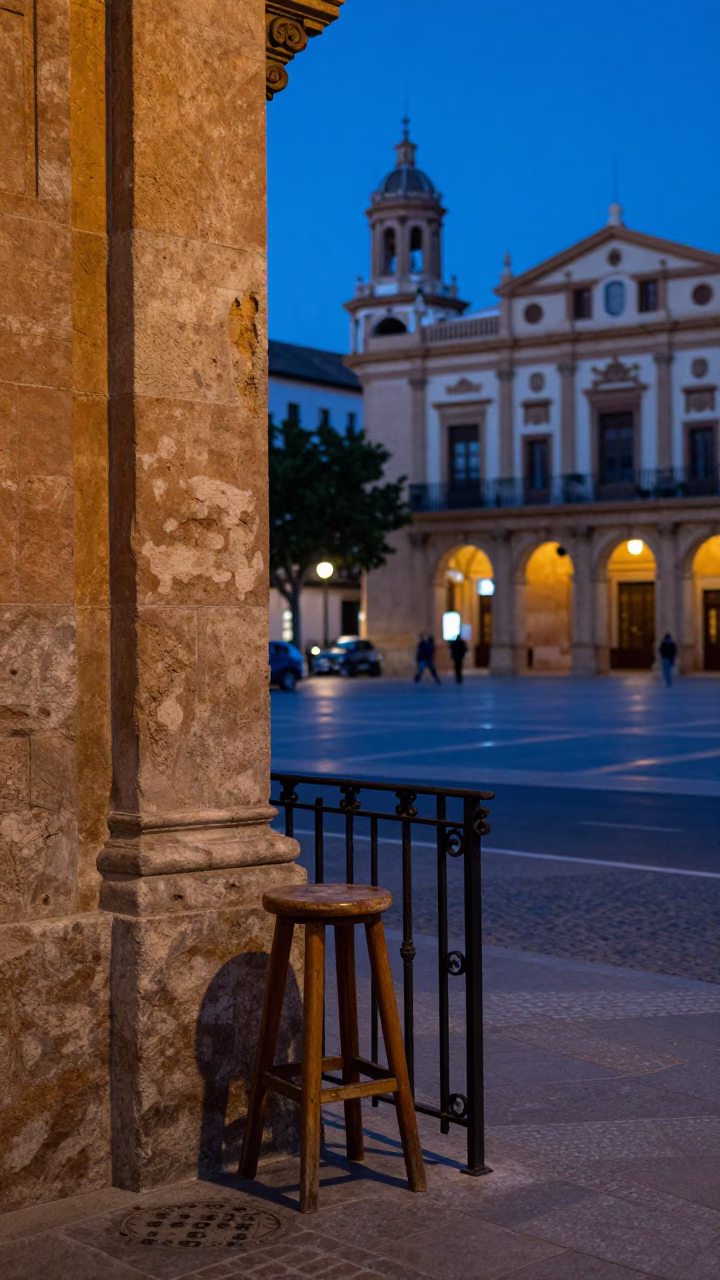 Valencia Spain Indigo Twilight Street Scene with Stool and Bracket Fungus Near Historic Plaza in in Valencia, Spain