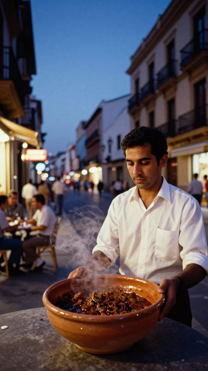 Valencia Spain indigo twilight street scene with terracotta bowl and churros in in Valencia, Spain