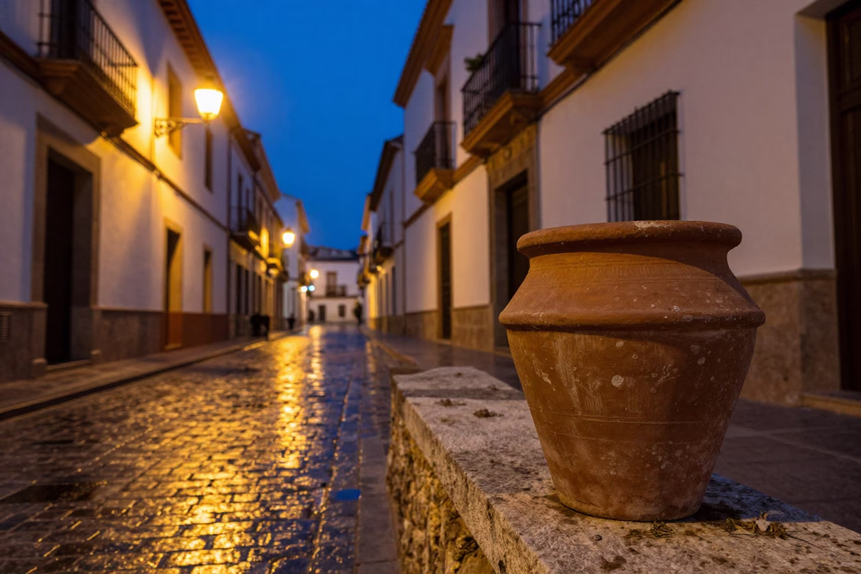 Valencia Spain Indigo Twilight Street Scene with Terracotta Pot and Linen Fringe in in Valencia, Spain