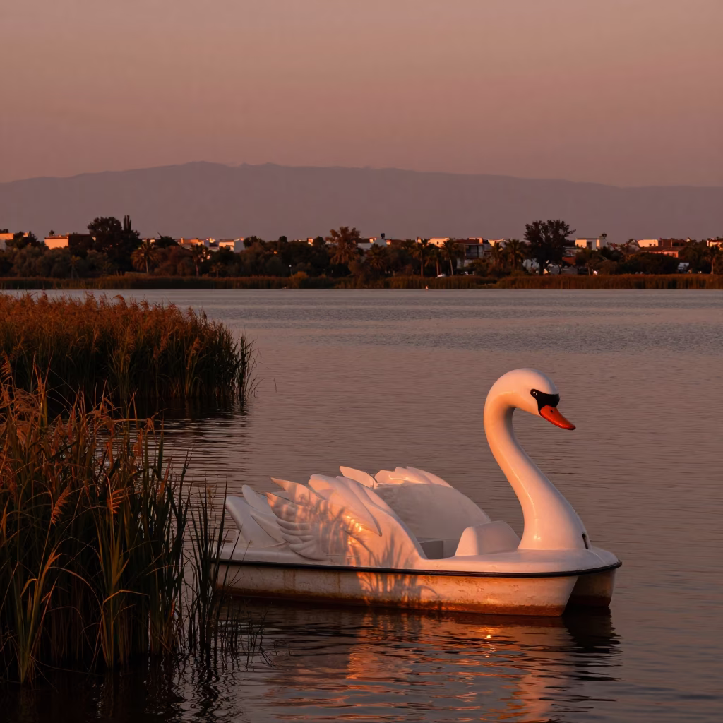 Valencia Spain Lagoon Park Lake Swan Pedal Boat Copper Dusk Light 1950s Style in in Valencia, Spain