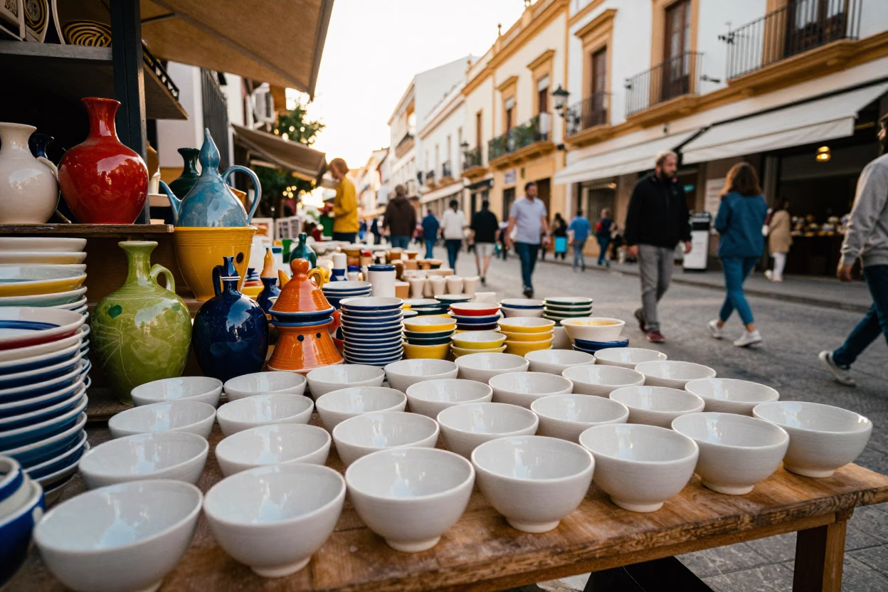 Valencia Spain Late Afternoon Light Ceramic Market Stall Colorful Pottery in in Valencia, Spain