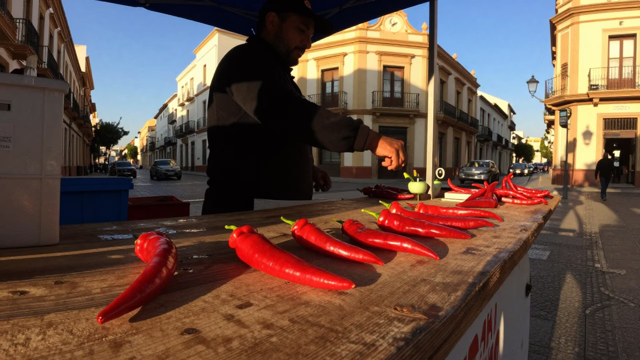 Valencia Spain Late Afternoon Street Scene with Chili Peppers and Local Market Atmosphere in in Valencia, Spain
