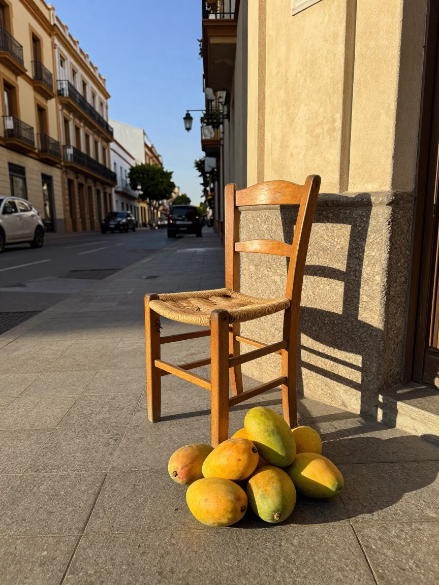 Valencia Spain Late Afternoon Street Scene with Mangoes and Wooden Chair in in Valencia, Spain