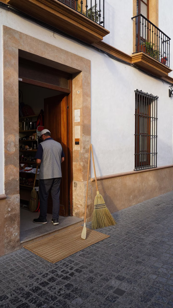 Valencia Spain Late Morning Street Scene with Traditional Broom and Doormat in in Valencia, Spain