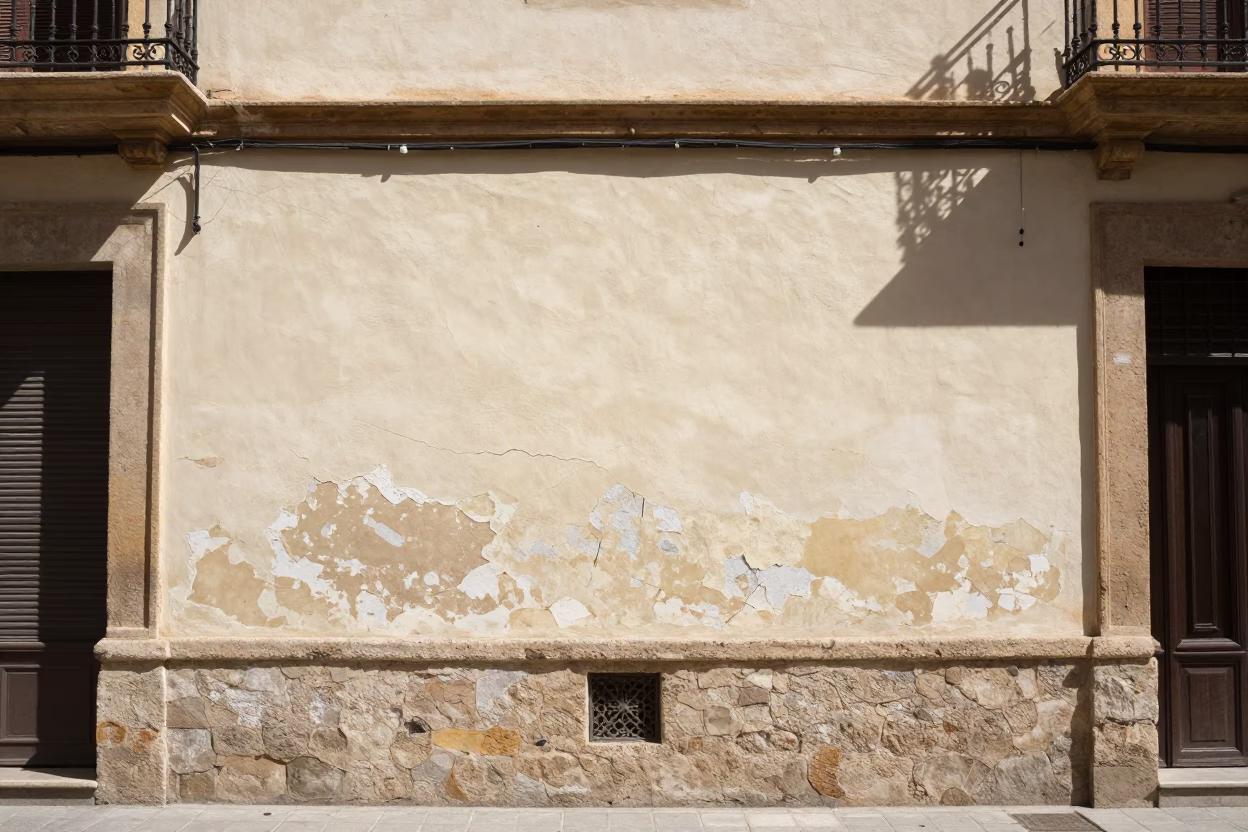 Valencia Spain Midday Street Scene with Cracked Stucco Facade and Local Life in in Valencia, Spain