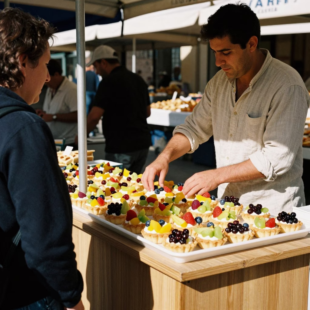 Valencia Spain Midmorning Market Stall with Fresh Fruit Tarts and Local Commerce in in Valencia, Spain