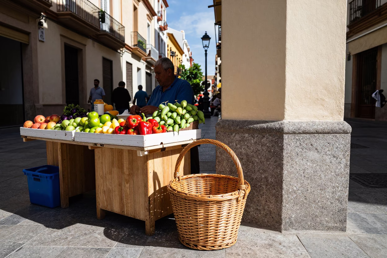 Valencia Spain Midmorning Street Scene with Wicker Basket and Pepper Mill in in Valencia, Spain