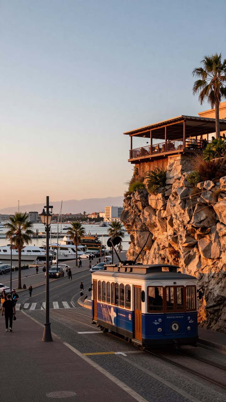 Valencia Spain Nautical Dawn Street Scene with Funicular and Harbor Markings in in Valencia, Spain
