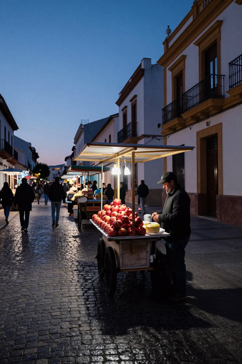Valencia Spain Nautical Dawn Street Scene with Pomegranate Vendor and Traditional Architecture in in Valencia, Spain