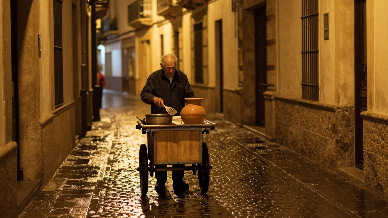 Valencia Spain night street scene with clay pot and spatula in in Valencia, Spain