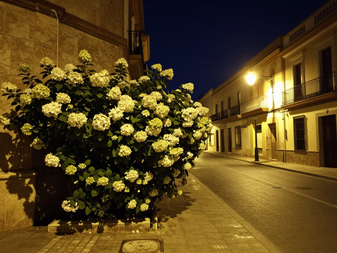 Valencia Spain Night Street Scene with Hydrangea Bush and Local Interaction in in Valencia, Spain