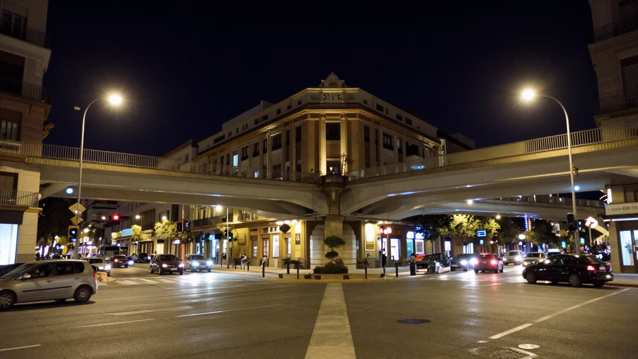 Valencia Spain Night Street Scene with Overpass Interchange and Taillight Streaks in in Valencia, Spain