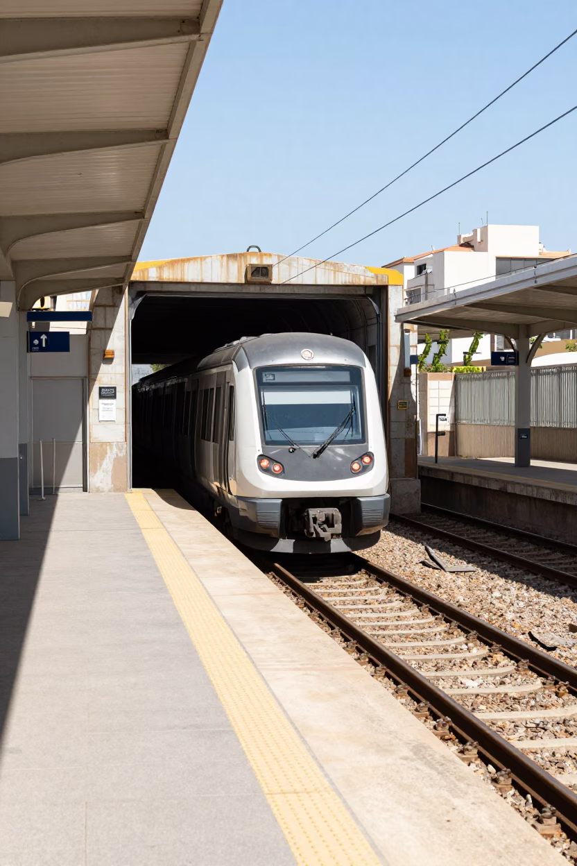 Valencia Spain Noon Light Metro Station Platform Emerging Train and Concrete Architecture in in Valencia, Spain