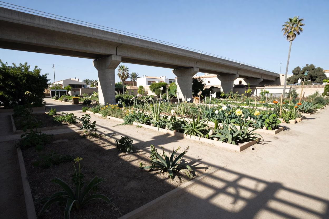 Valencia Spain Noon Light Viaduct Shadow Over Allotment Gardens With Flowering Plants in in Valencia, Spain