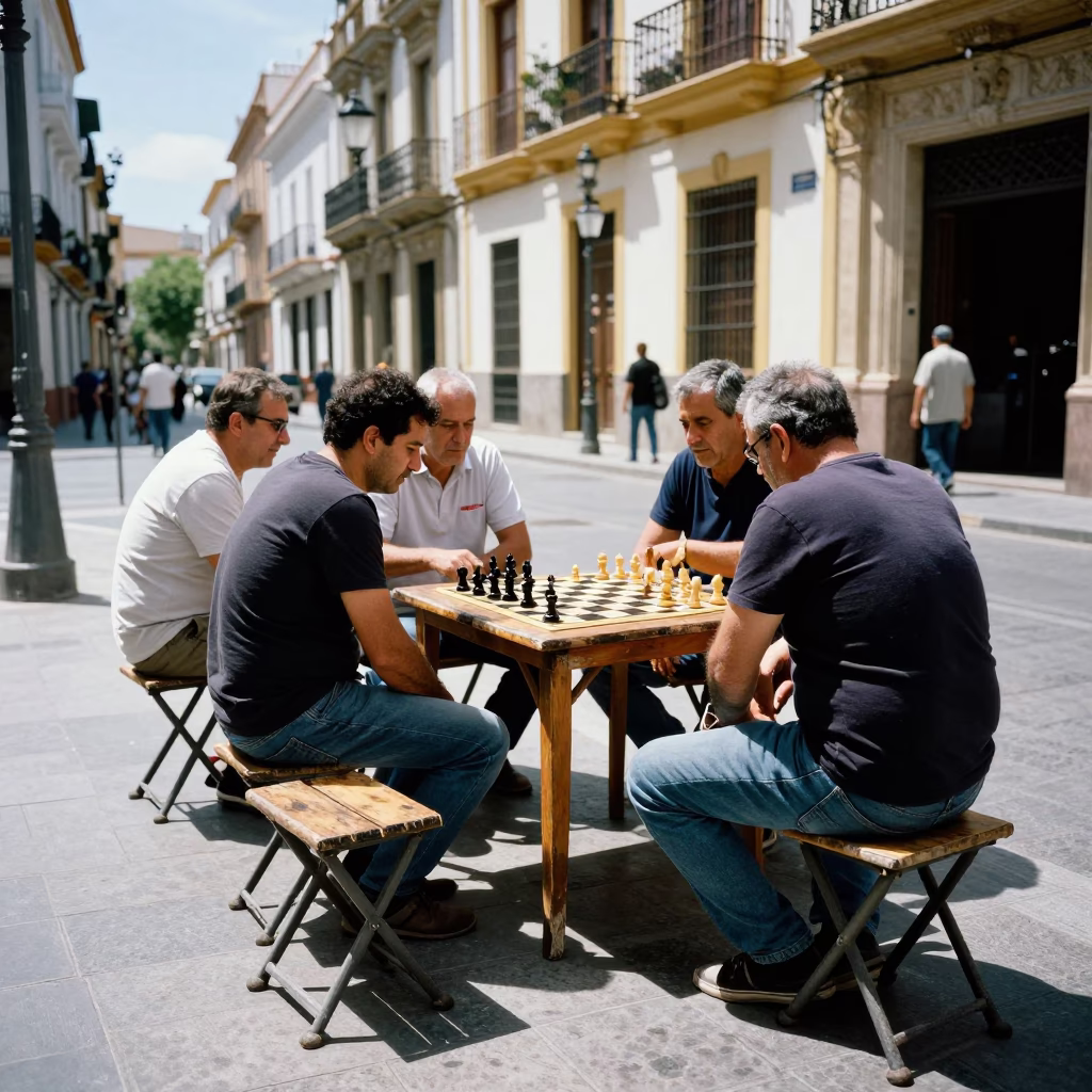 Valencia Spain Noon Street Scene with Folding Stools and Chess Clock in in Valencia, Spain