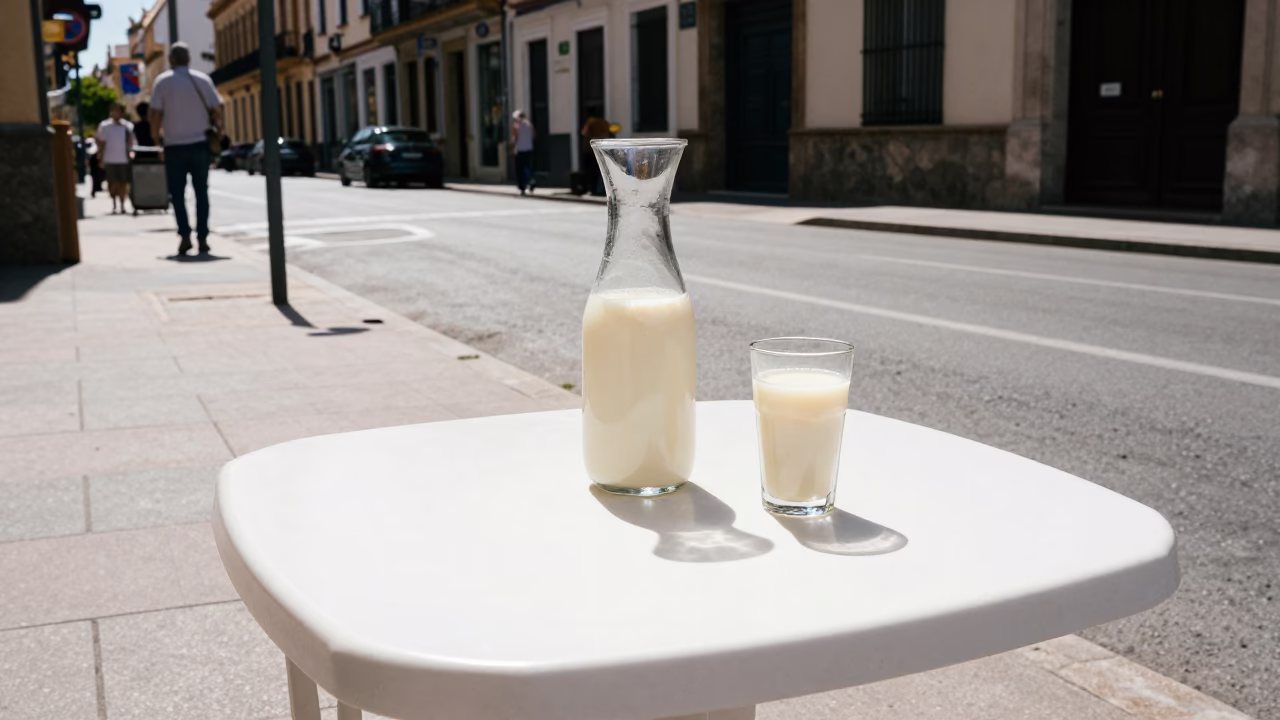 Valencia Spain Noon Street Scene with Horchata Carafe and Sidewalk Café Culture in in Valencia, Spain