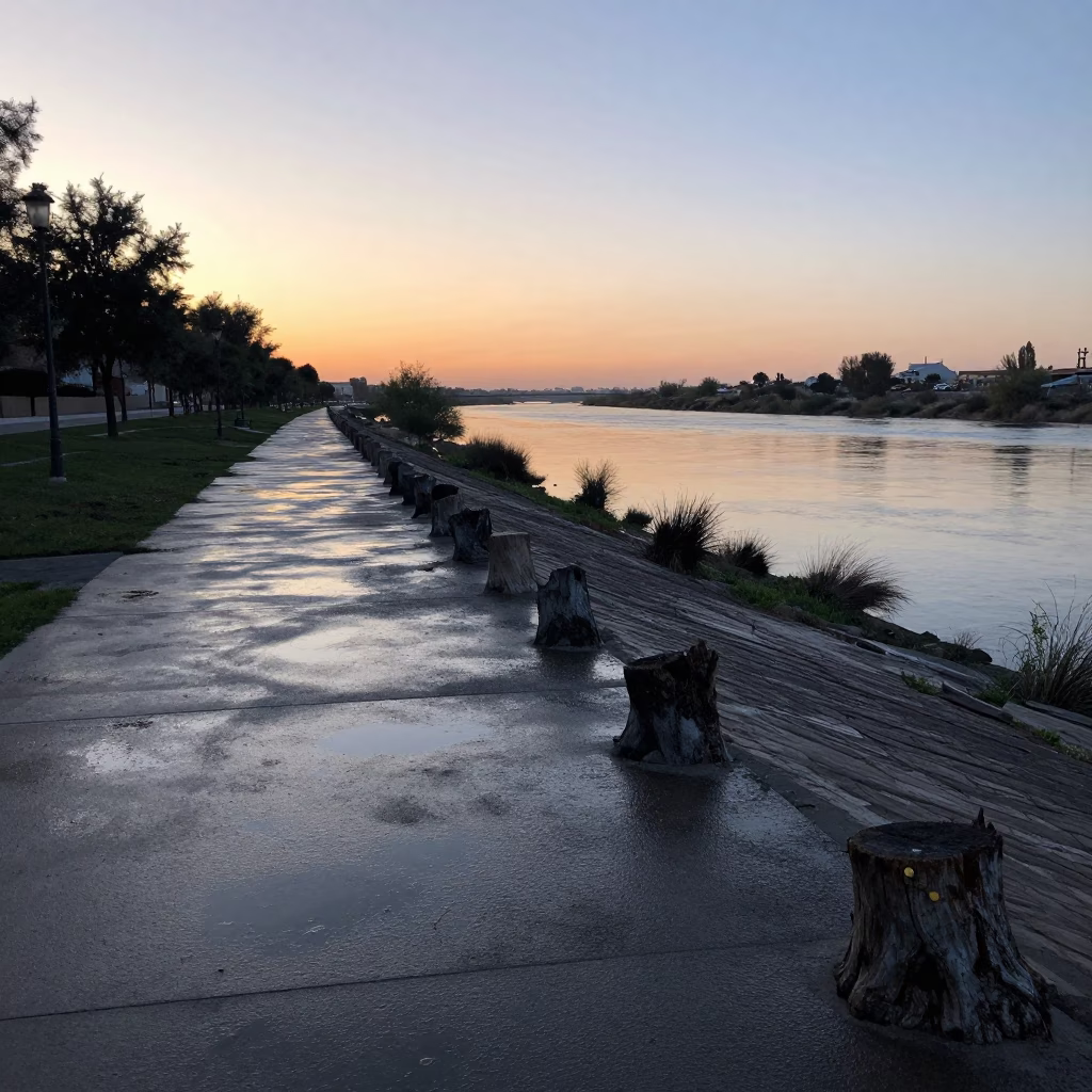 Valencia Spain Pre-Dawn Riverbank Levee Path with Castor Plant Stumps and Morning Mist in in Valencia, Spain
