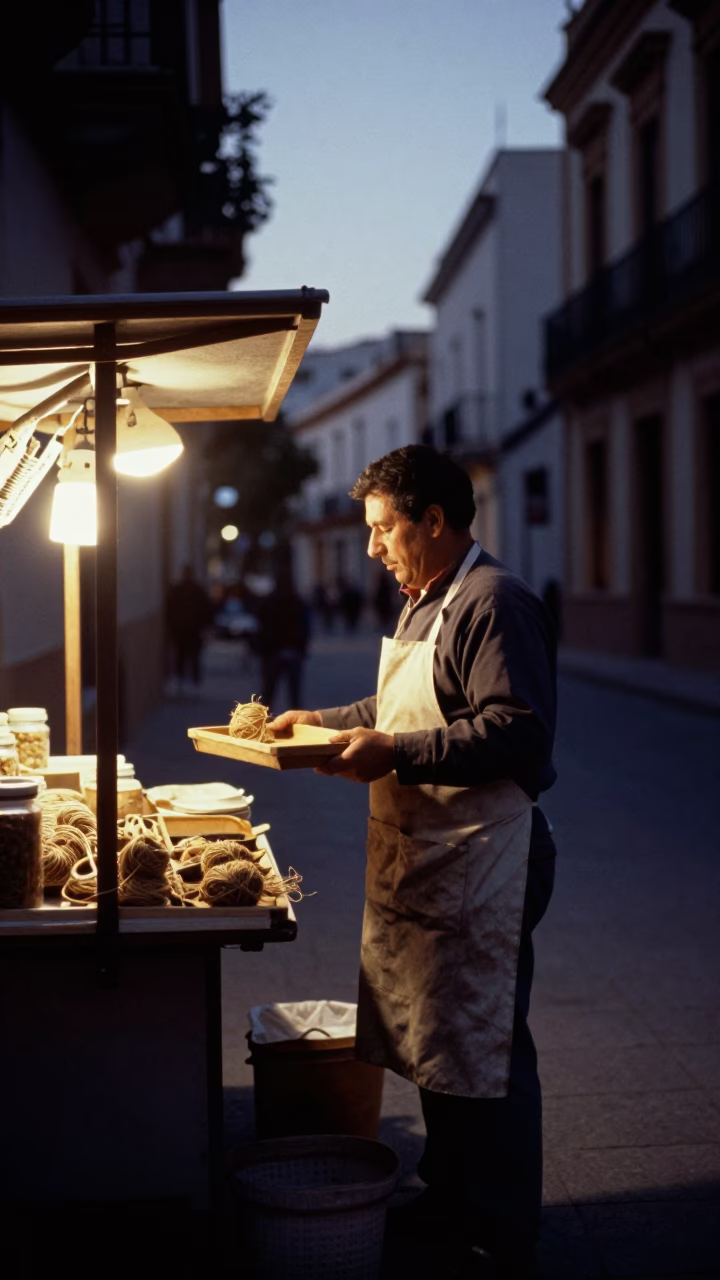 Valencia Spain Predawn Street Scene with Local Vendor and Wooden Tray in in Valencia, Spain