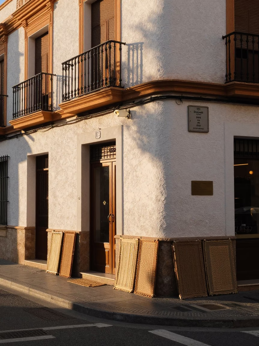 Valencia Spain Street Scene After Sunrise with Door Mats and Stoneware Crocks in in Valencia, Spain