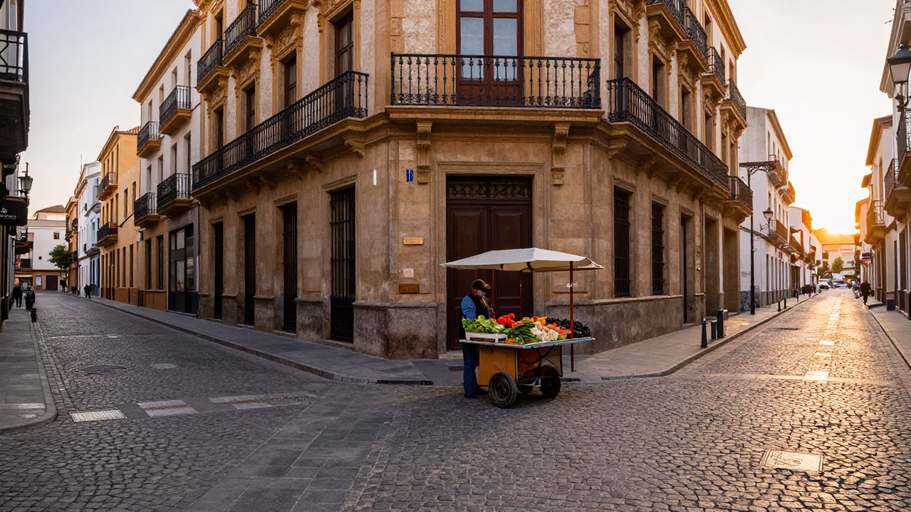 Valencia Spain Street Scene After Sunrise With Local Commerce And Architecture in in Valencia, Spain