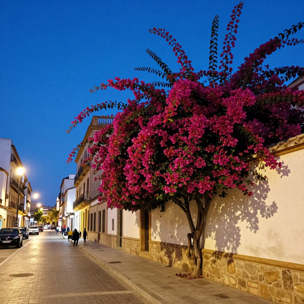 Valencia Spain Street Scene at Dusk with Bougainvillea and City Lights in in Valencia, Spain