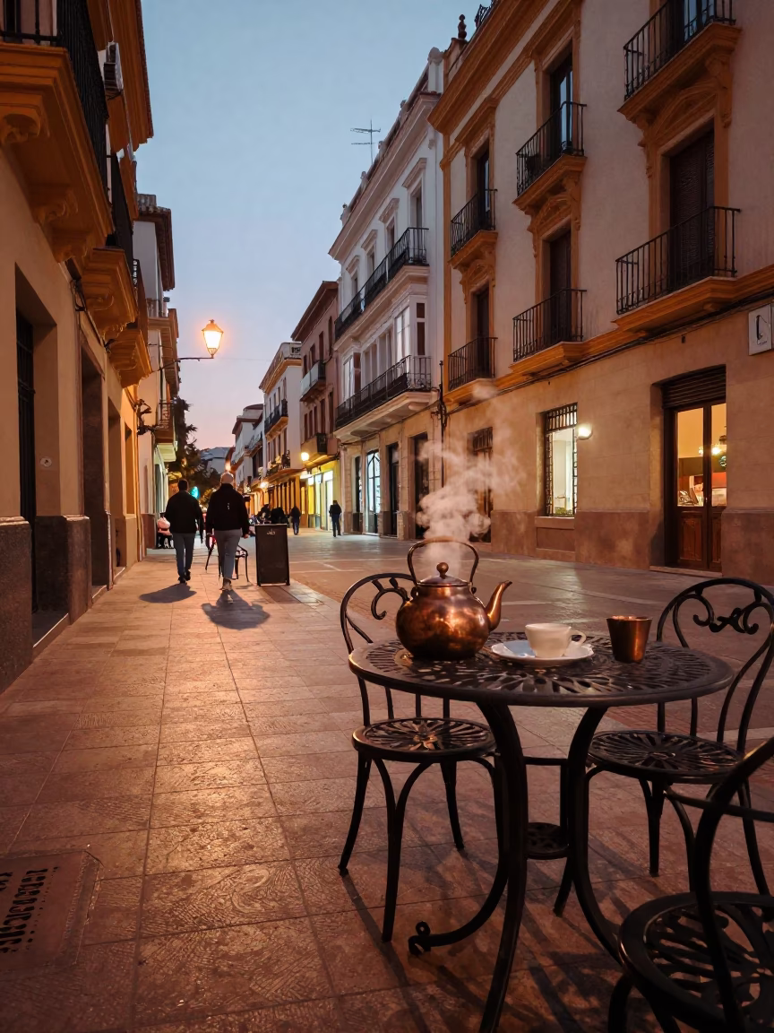 Valencia Spain Street Scene at Dusk with Tea Kettle and Wax Seal on Table in in Valencia, Spain