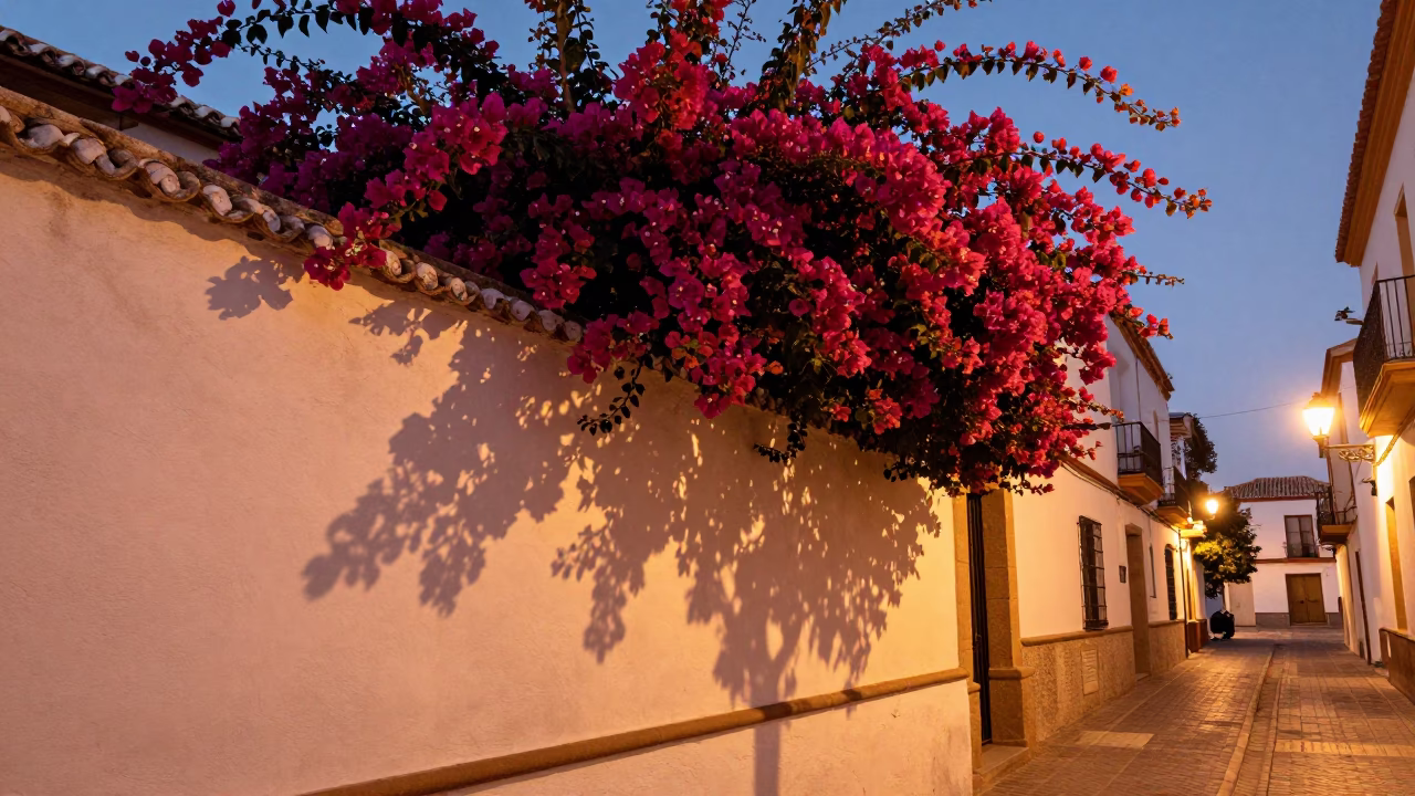Valencia Spain Street Scene Before Dusk With Bougainvillea And Traditional Details in in Valencia, Spain