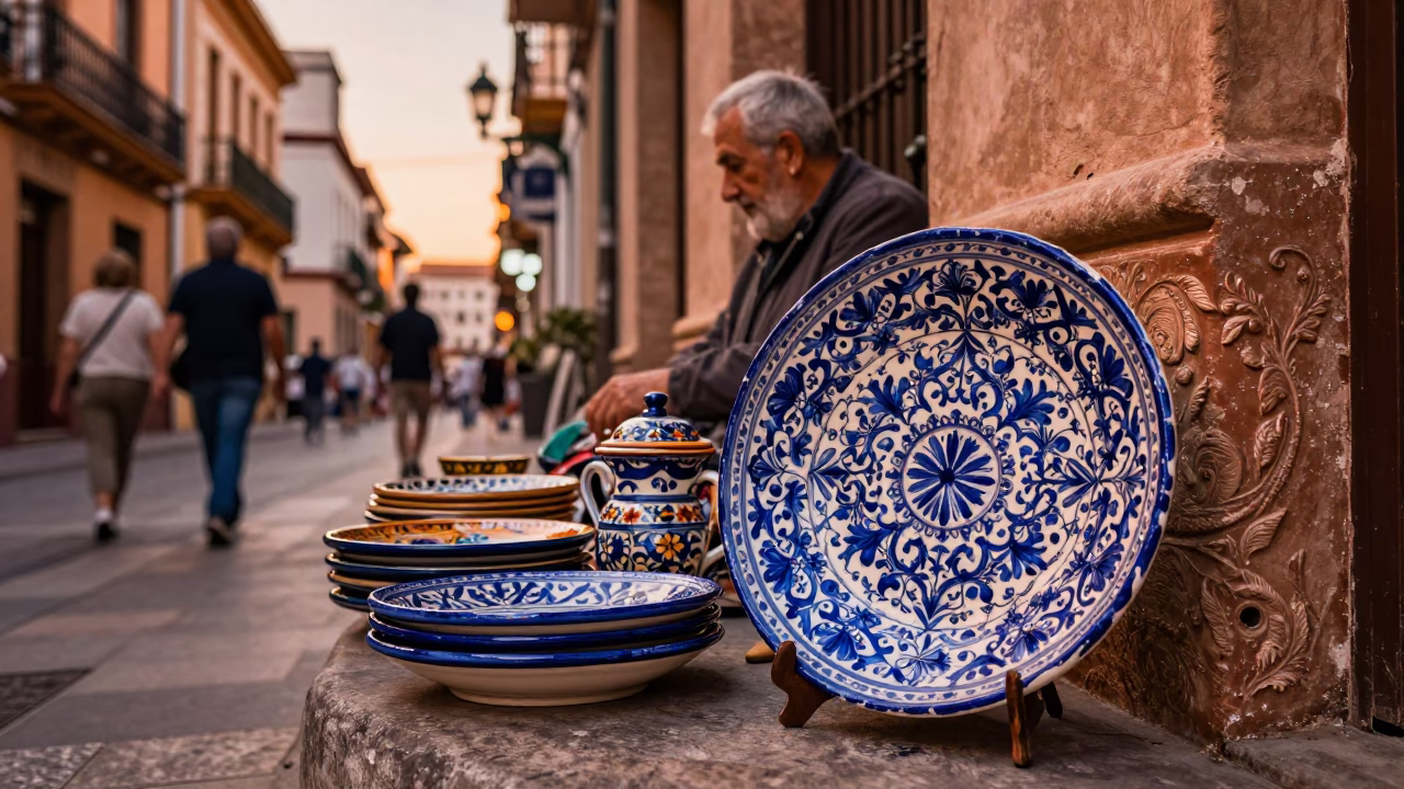Valencia Spain Street Scene Before Dusk with Vintage Majolica Plate and Prickly Pear Cactus in in Valencia, Spain