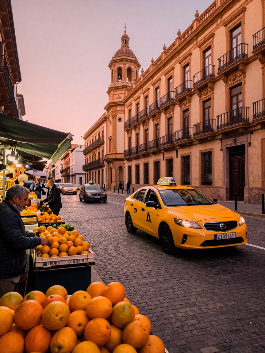 Valencia Spain Street Scene Before Dusk with Yellow Taxi and Fruit Stall in in Valencia, Spain