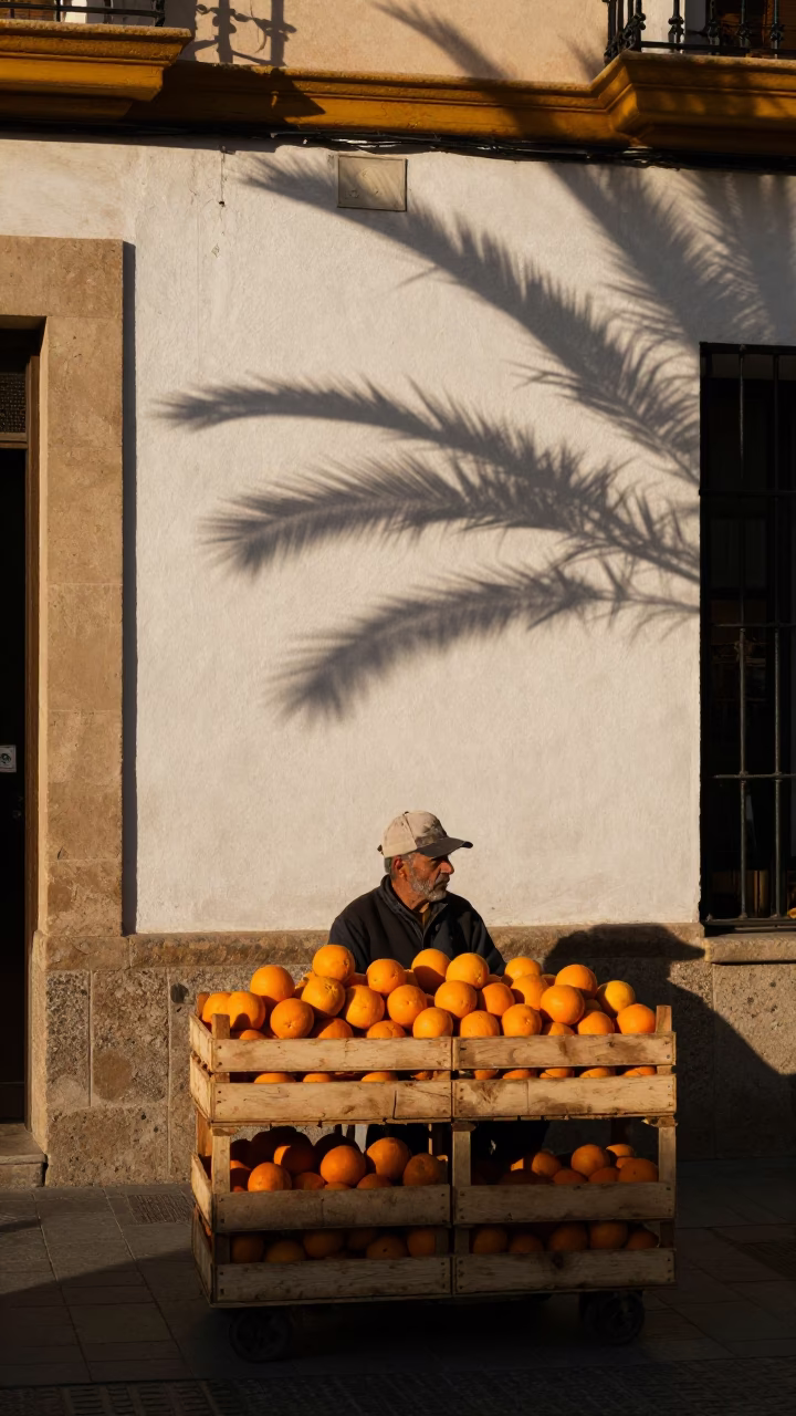 Valencia Spain Street Scene Late Afternoon Light Oranges and Traditional Market Elements in in Valencia, Spain
