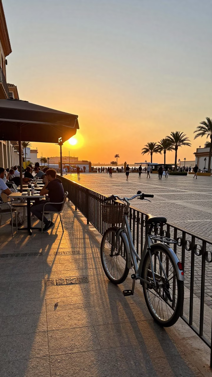 Valencia Spain street scene with bicycle leaning against cafe during sunset in in Valencia, Spain