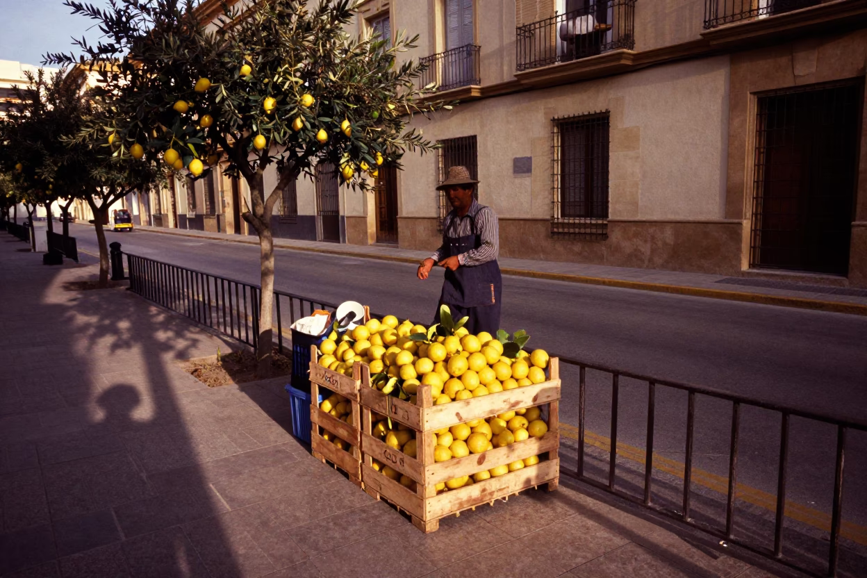 Valencia Spain Street Scene with Lemons and Olive Trees in Copper Dusk Light in in Valencia, Spain