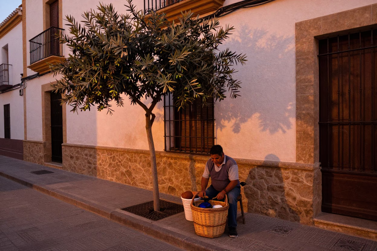 Valencia Spain Street Scene with Olives and Traditional Architecture in Copper Dusk Light in in Valencia, Spain