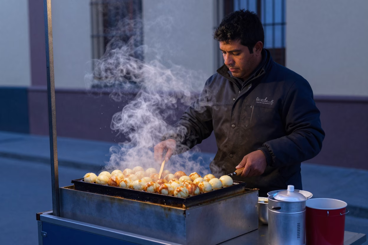 Valencia Spain Street Vendor Selling Fresh Takoyaki Before Sunrise with Steam Rising in in Valencia, Spain