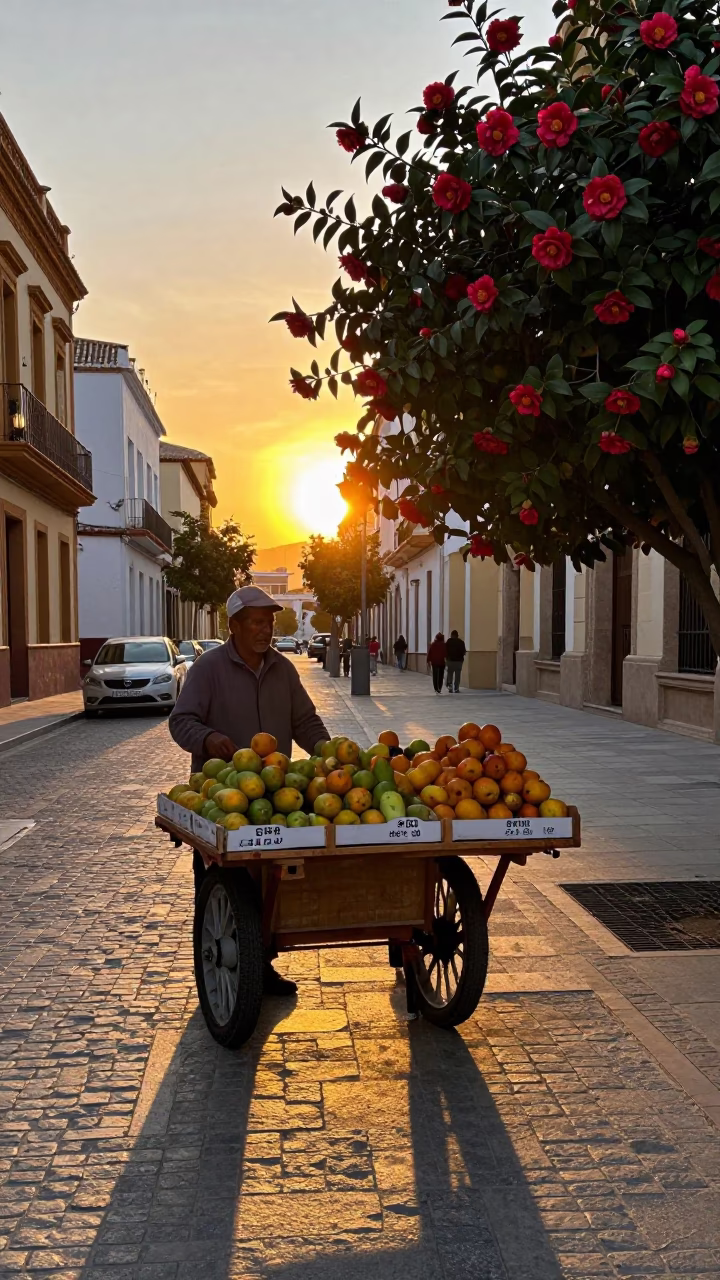 Valencia Spain Sunset Street Scene with Dates and Camellia Flower in in Valencia, Spain