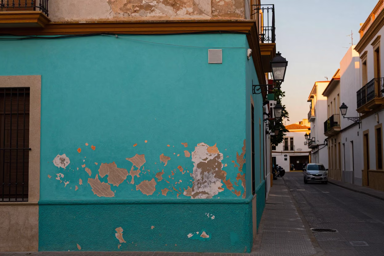 Valencia Spain Sunset Street Scene with Peeling Turquoise Paint and Local Architecture in in Valencia, Spain