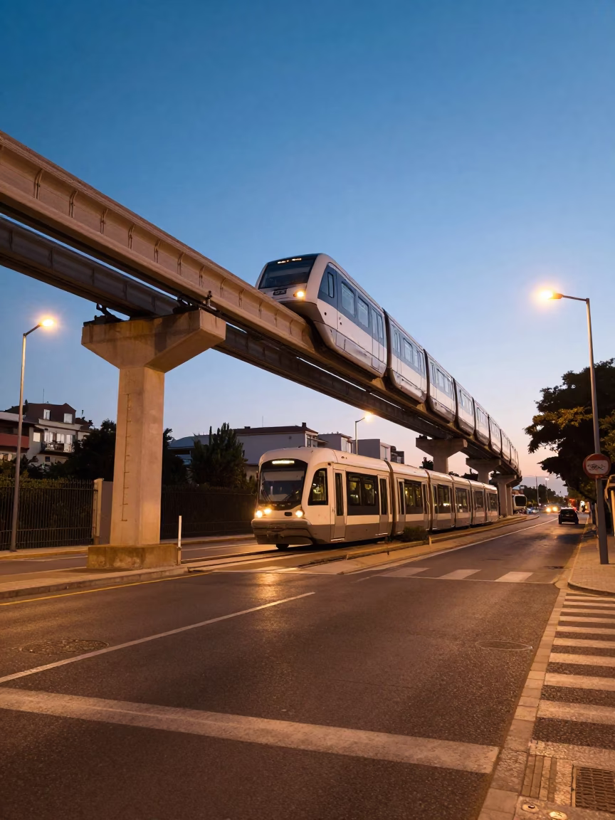 Valencia Spain Twilight Monorail Crossing Urban Street with Hanging Door Wreaths in in Valencia, Spain