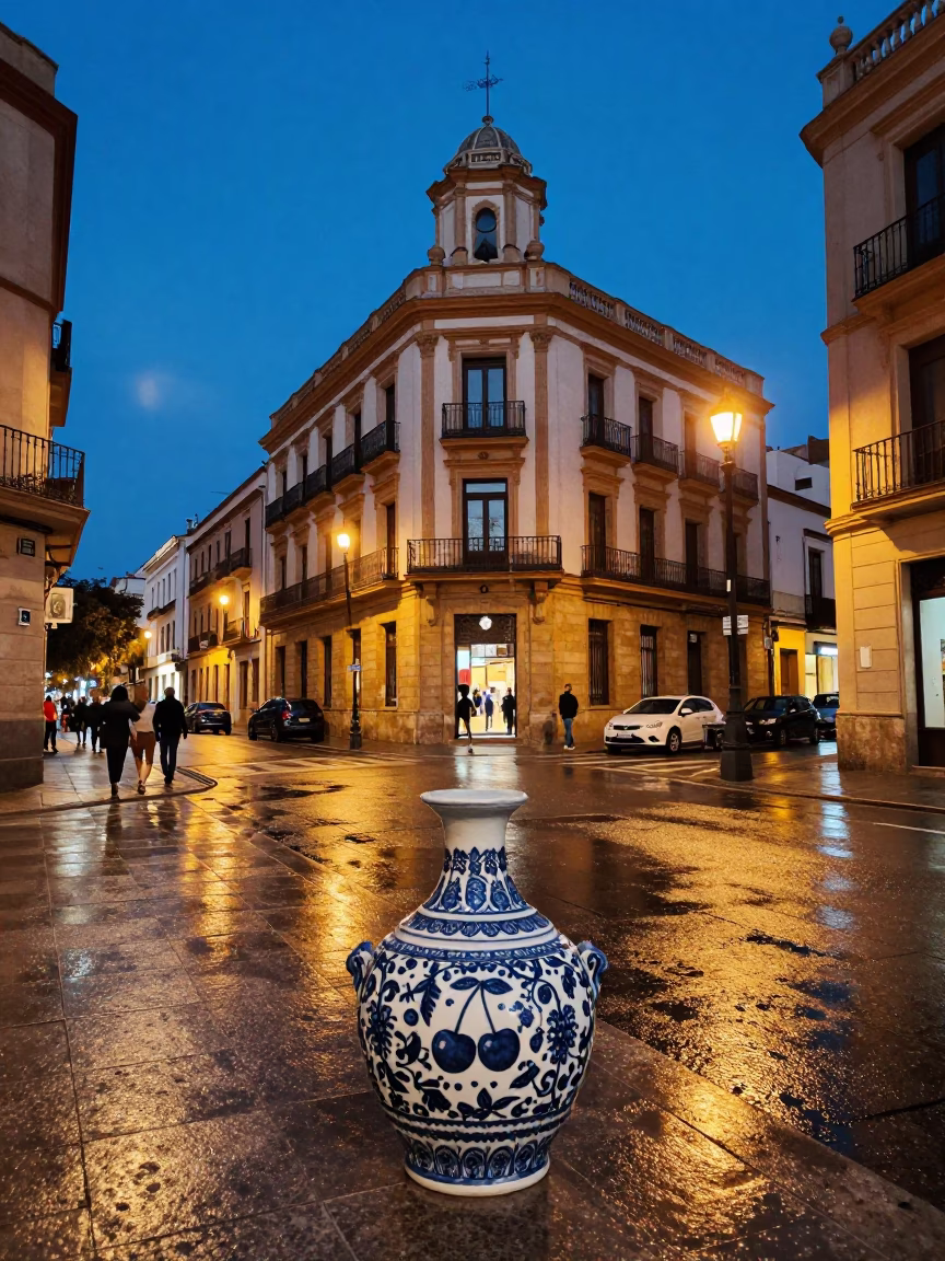Valencia Spain Twilight Street Scene with Cherries and Blue Porcelain Bowl in in Valencia, Spain